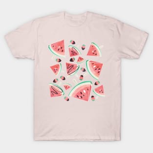 Watermelon popsicles, strawberries and chocolate // red T-Shirt